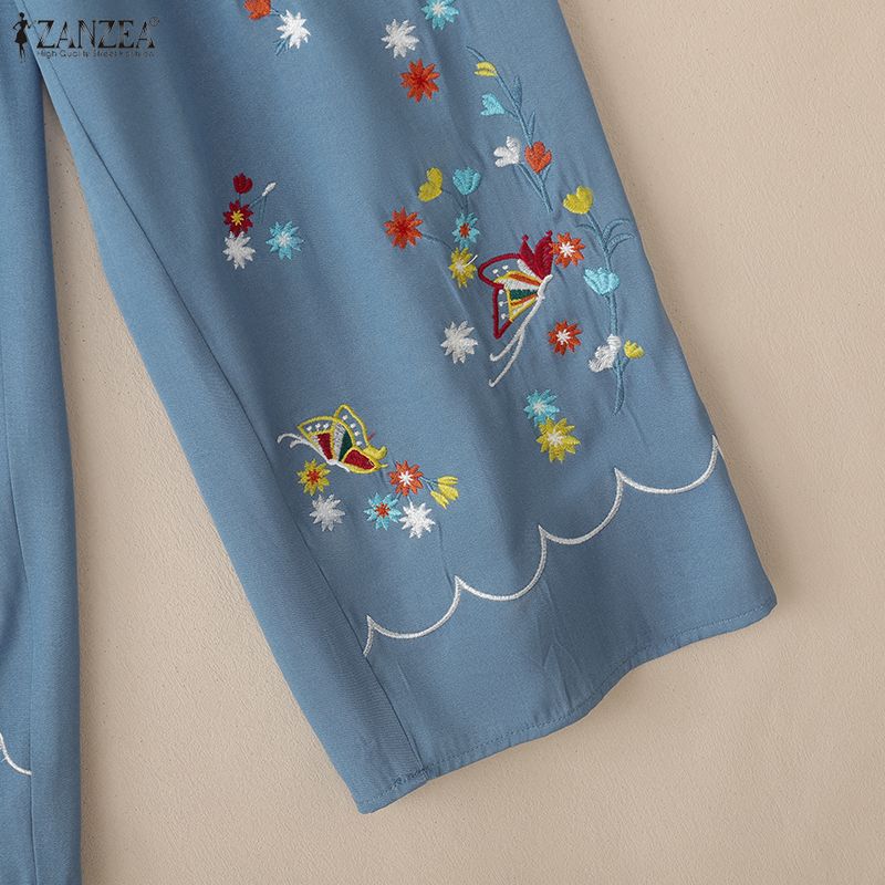 ZANZEA Women Casual Elastic Waist Loose Floral Embroidery Cropped Pants
