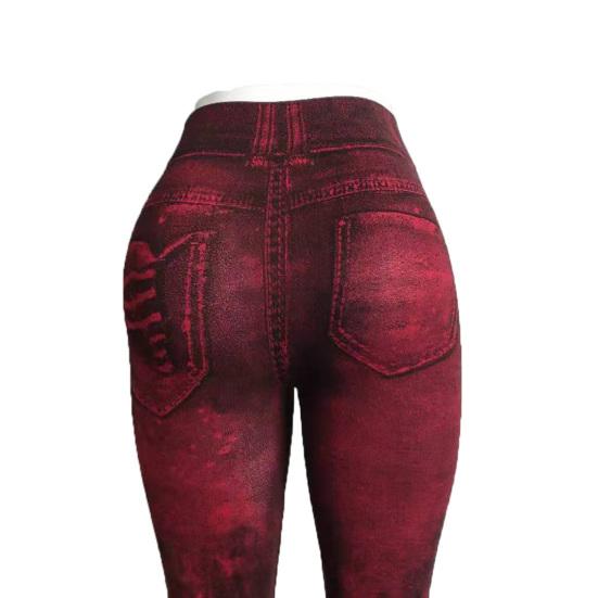 Multi Pockets Skinny Imitation Jeans Leggings Hip Lifting Ripped Holes Print Mid Waist Elastic Pants for Sports