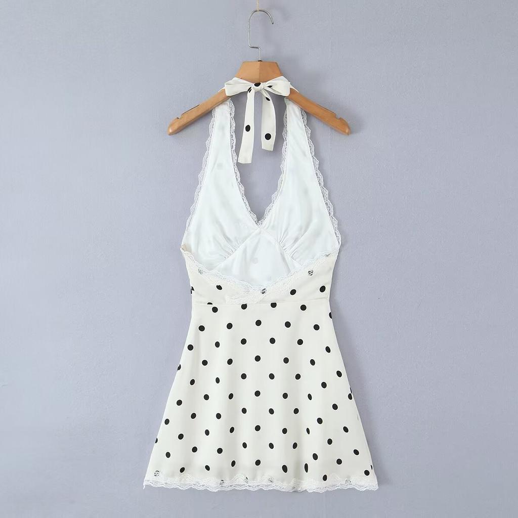 American Spice Girl V-Neck Lace Splicing Polka Dot Neck Suspender Dress Women's Summer Slim Sexy Skinny Short Skirt