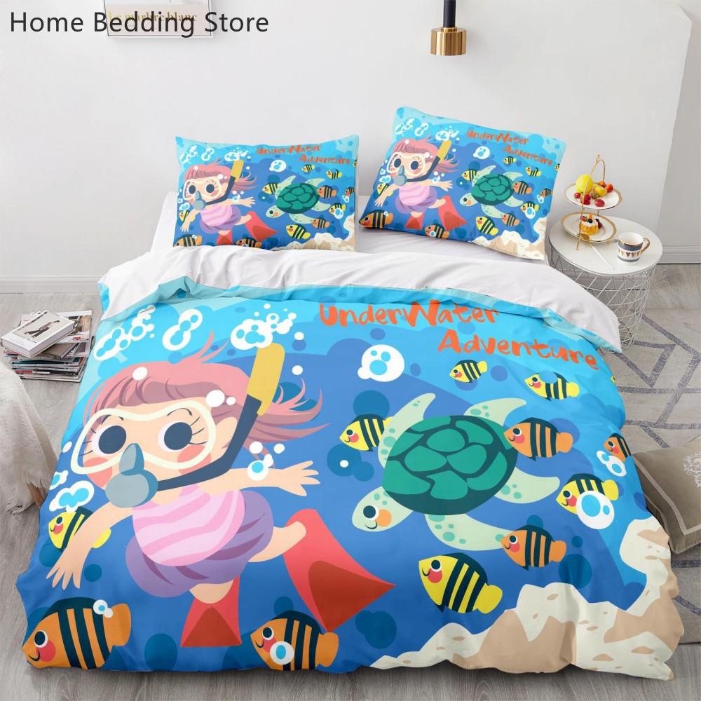 Cartoon Sea Animals Bedding Sets Soft Polyester Kids Boys Bed Linen Queen King Full Single Size Dinosaur Duvet Cover Sets Gifts
