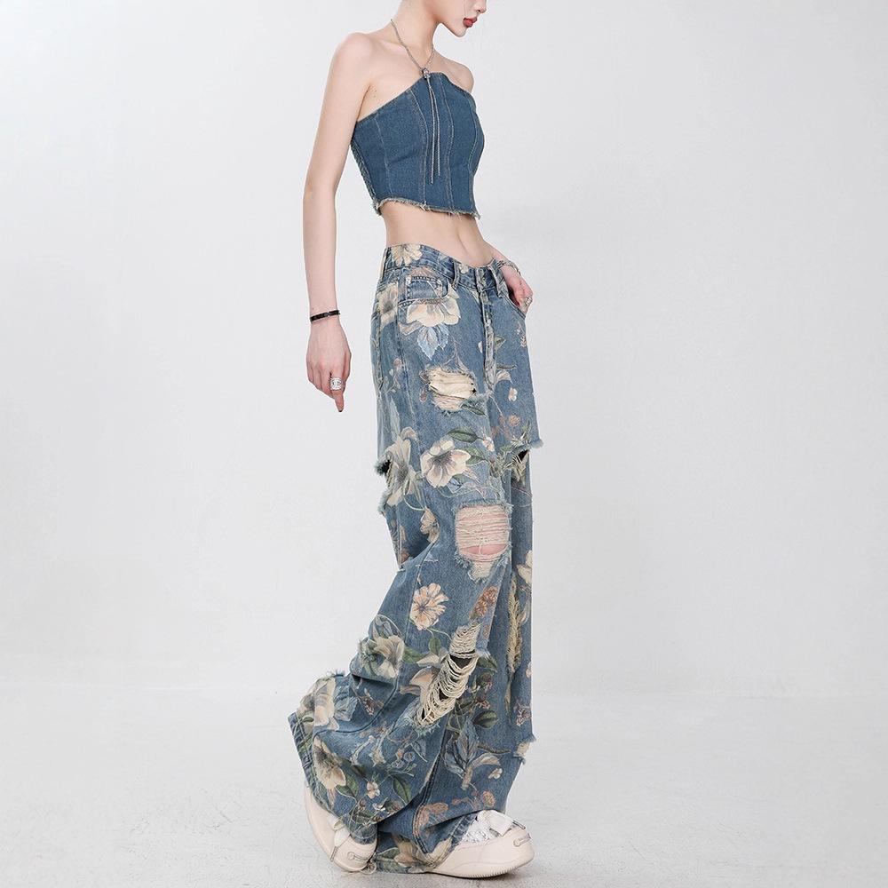 JYL Women's Ripped Jeans Summer Vintage Loose Straight Wide-Leg Floor-Length Denim