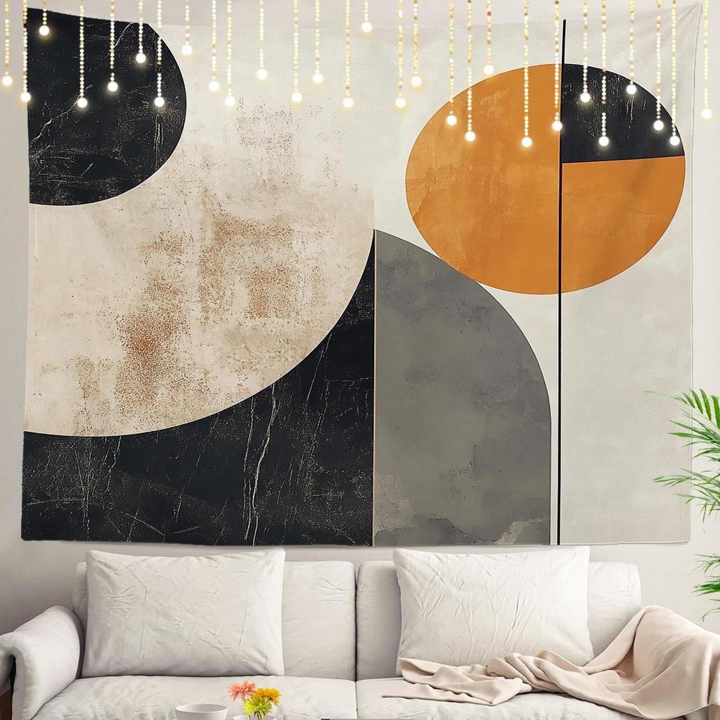 Abstract Art Tapestry Modern Geometric Wall Decor Orange Black Beige Design for Dorm Bedroom 100x150cm39x59in