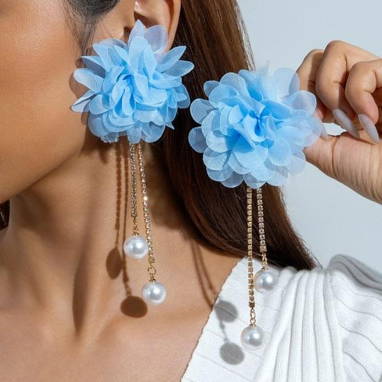 Große Stoffblumen-Ohrringe Boho Faux-Perlen Hänge-Ohrringe Lange Strass-Quasten-Ohrringe für Feiertage Urlaubs-Partys Strand