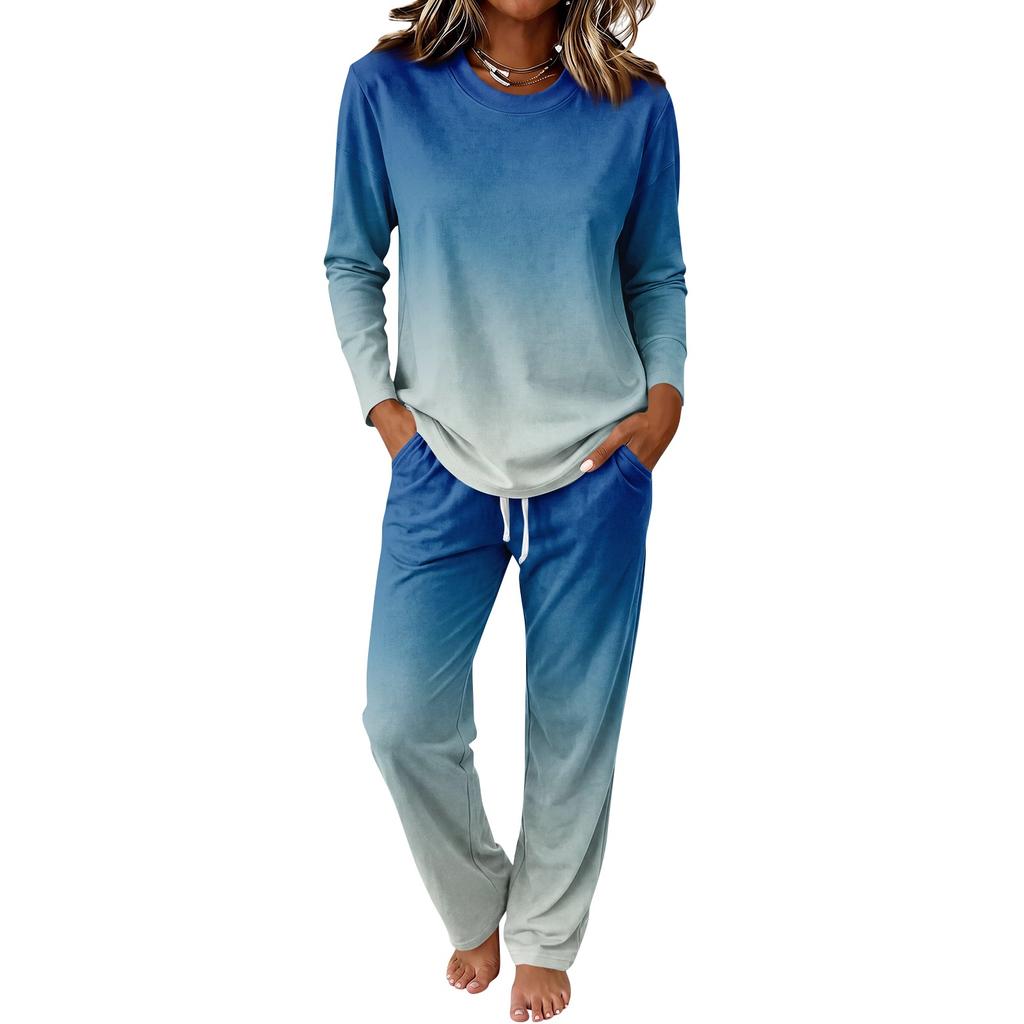 Set Pigiama da Donna a Manica Lunga con Scollo Rotondo, Coulisse e Gamba Larga per Casa e Sonno Casual