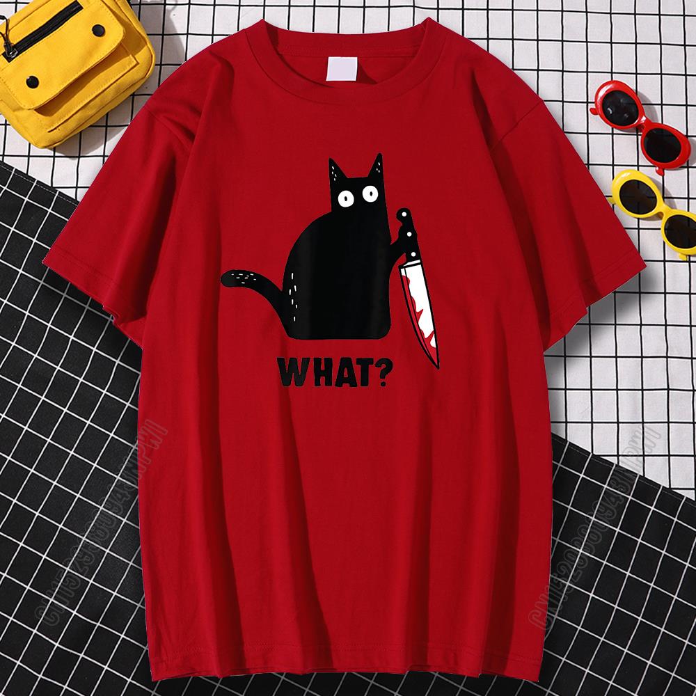 Cat What T Shirt Murderous Cat With Knife Funny Halloween Gift Cotton High Quality Men's Oversized Novelty T-Shirt Women Tee
