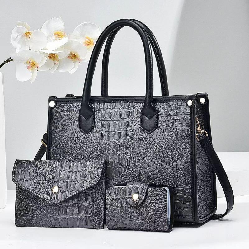 Three Piece Set, Mother Bag, Shiny Leather, Crocodile Pattern, Korean Version, Simple New Style Bag, Crossbody Bag, Big Bag, Women's Handbag
