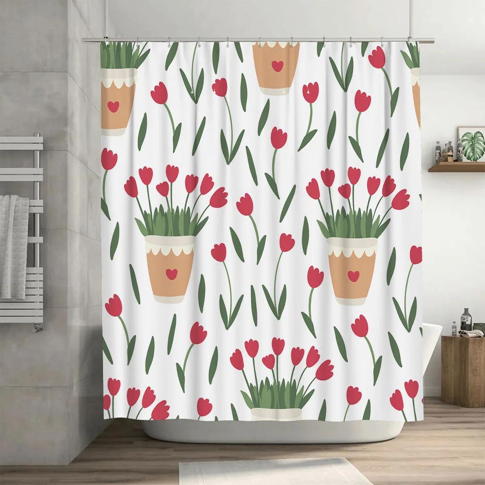 Charming Bathroom Shower Curtain with Red Tulip Pattern and White Background for Home Decor Durable Fabric Waterproof Design