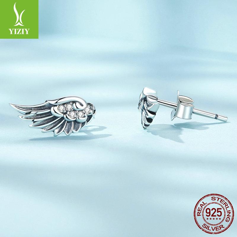 Silver Ziyun Original S925 Angel Wing Earrings with Inlaid Zircon - Unisex Retro Design.