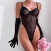 Women’s Sexy Slim-Fit Sheer Butt-Lifting Bodysuit with Gloves, Simple One-Piece Erotic Lingerie