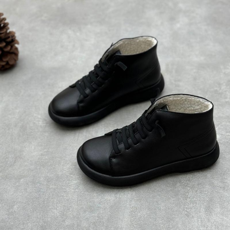 Women Genuine Leather Short Boots Round Toe Genuine Leather Handmade Retro Street Style Winter Warm Flats Ankle Boots