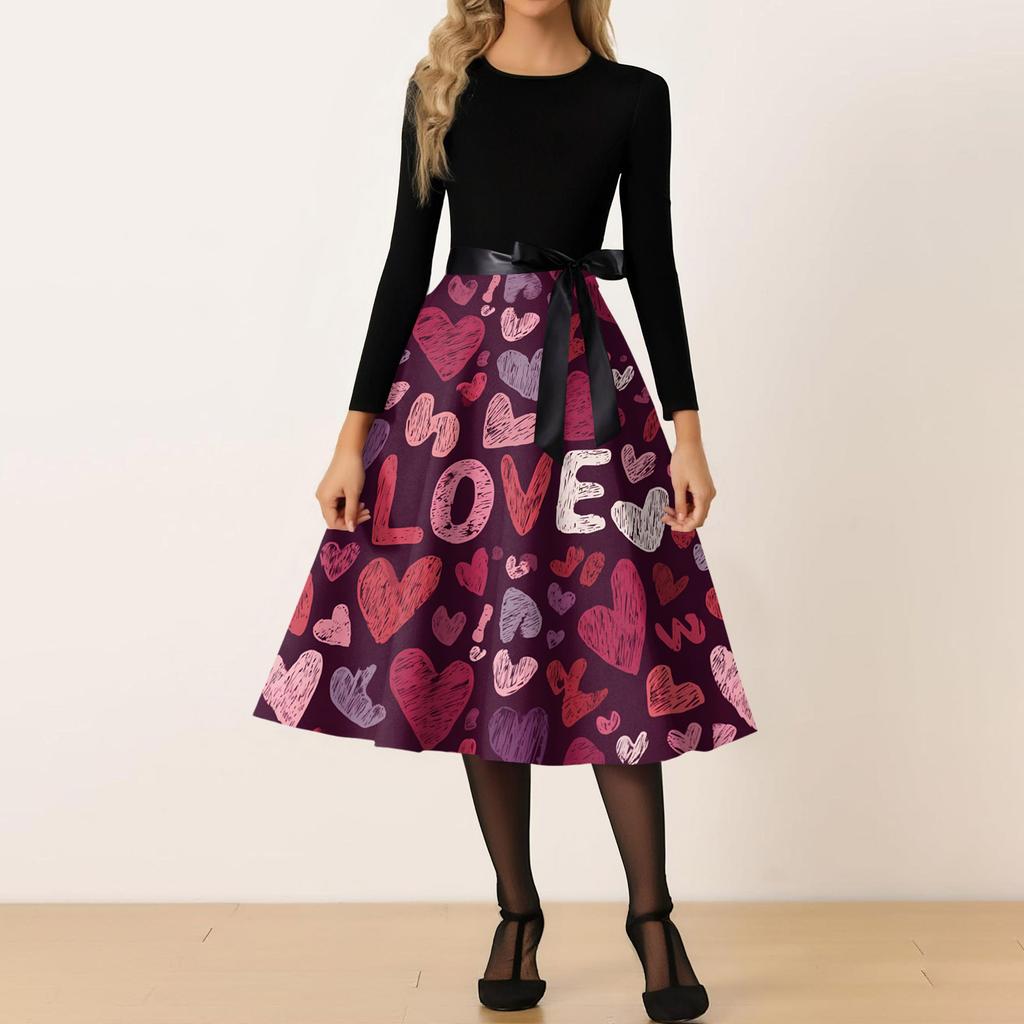 Women's Casual Fashion Round Neck Valentine's Day Printed Retro Dress
