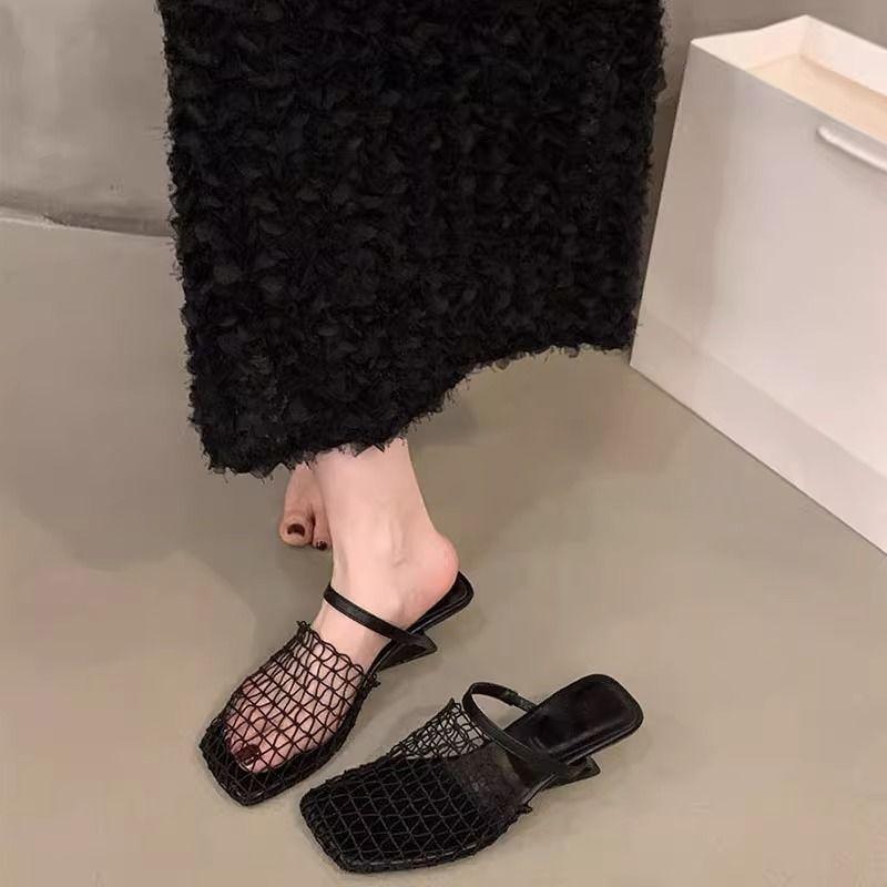 One-pedal Niche Women's Baotou Special-shaped Heel Slippers French Mesh Hollow Slippers 2025 Summer New Outer Wear