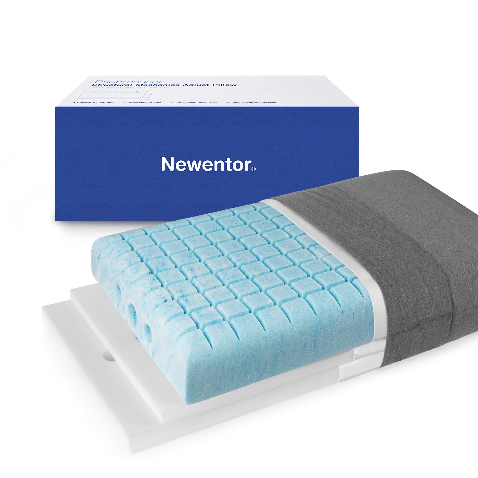 

Подушка Newentor Без шеи низкая или 4 уровня высоты память удобная для сна дышащая для спины или бока удобный сон с серым MP05 - боль, серый