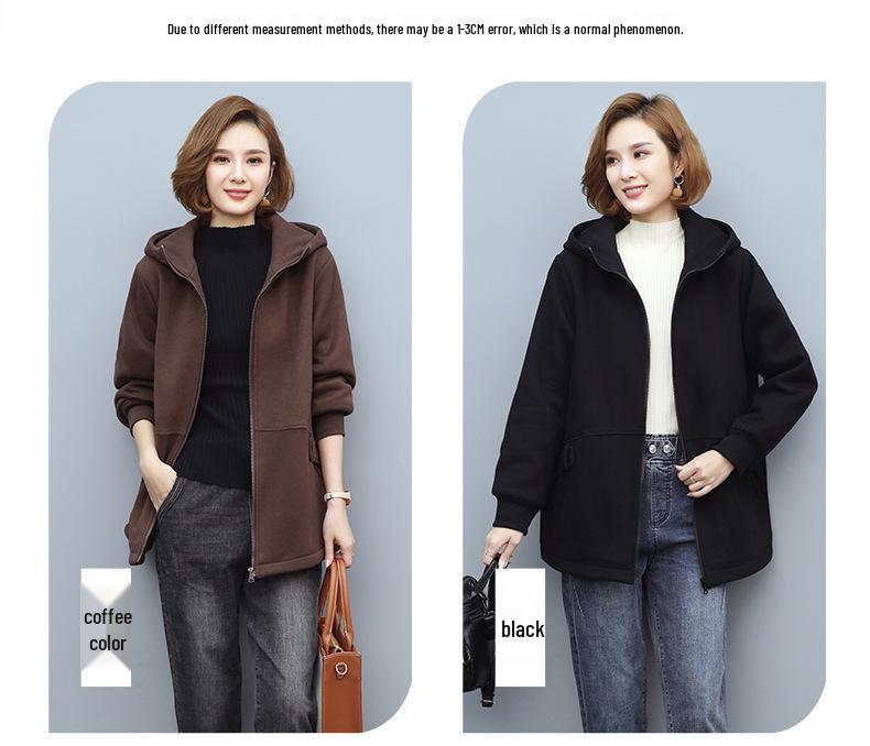 Women's Fleece-Lined Hooded Cardigan - Autumn/Winter 2024 Casual Loose Fit for Middle-Aged Moms