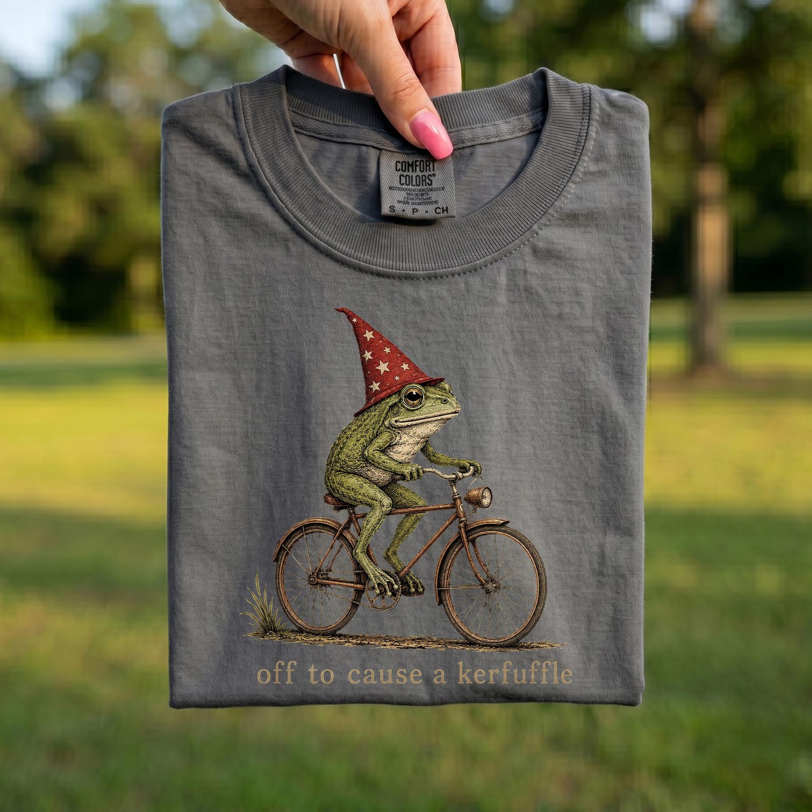 Comfort Colors® - Off To Cause A Kerfuffle Shirt, Funny Frog Bicycle Tee, Wizard Frog T-Shirt, Cottagecore Frog Shirt, Frog Lover Gift 3XL