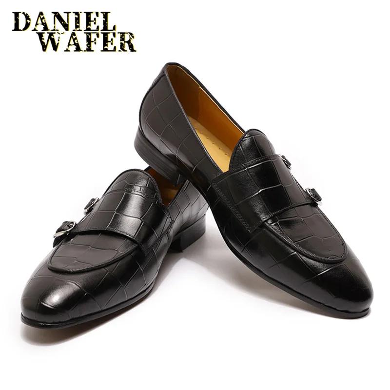 Fashion Luxury Men's Loafers Genuine Leather Shoes Brown Black Double Monk Strap Slip on Pointed Toe Office Wedding Dress Casual Shoes