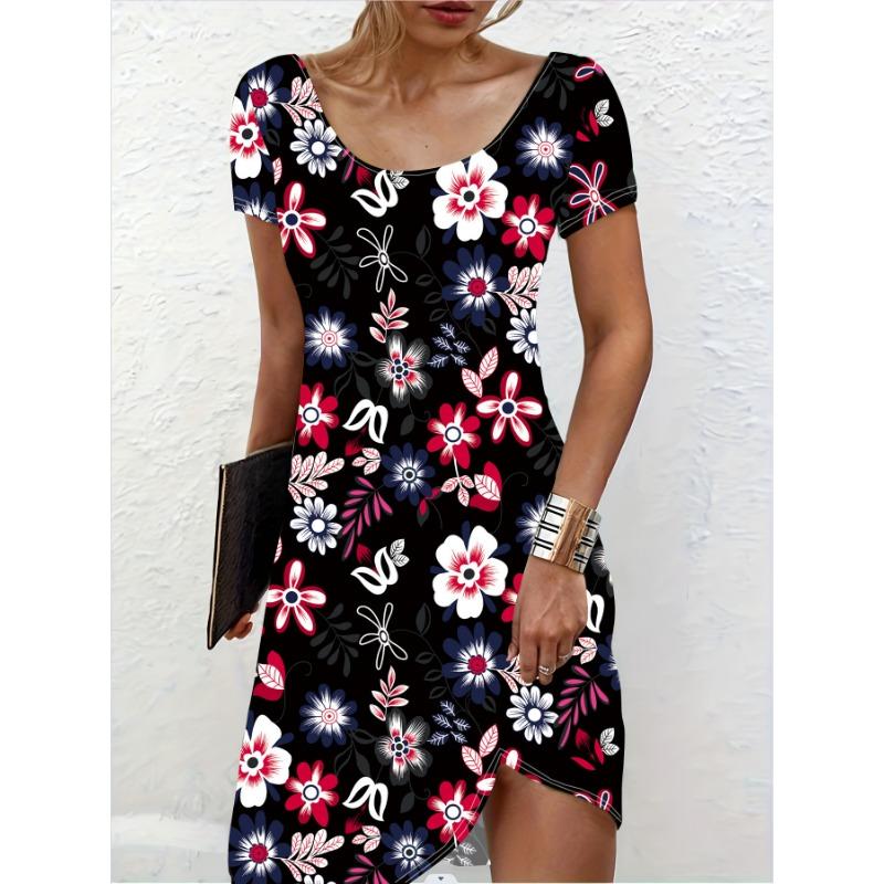 JKASHDK Women's Fashion Summer Spring Flower Pattern Print Short Sleeve O-Neck Casual Dresses
