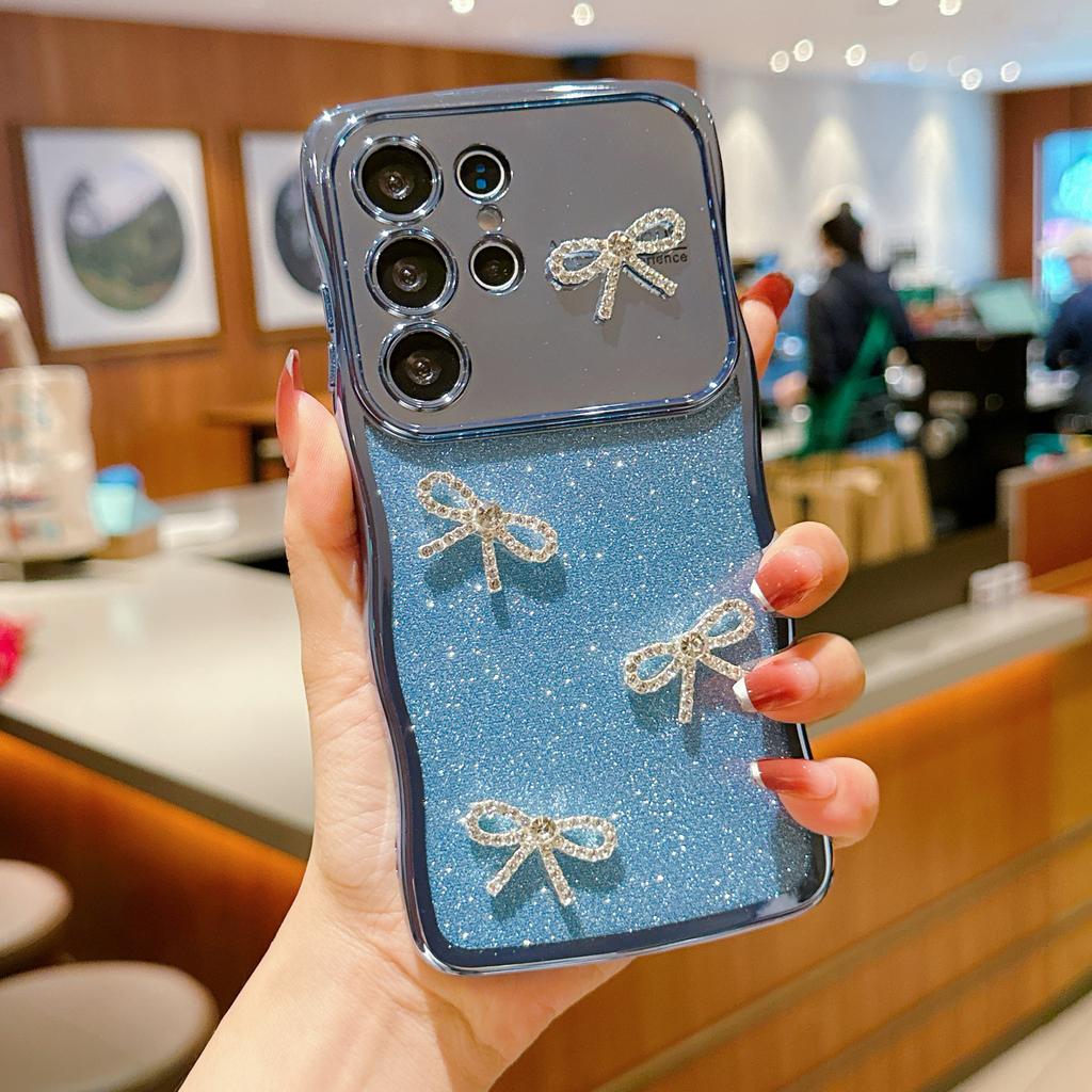 Pro pouzdro Samsung Galaxy S24 Ultra Elektroplátovaný vlnitý rámeček Třpytivý TPU kryt na telefon s ozdobou mašle z kamínků