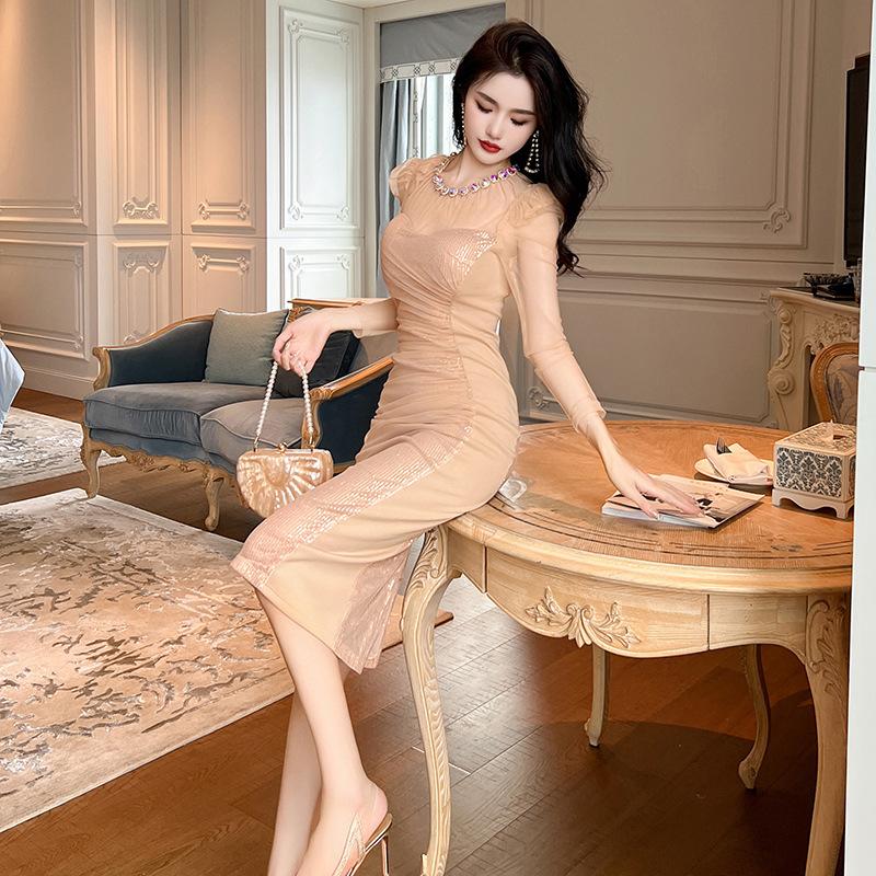 GMXIA Goldenes Abendkleid, Bankettkleid, Herbst-/Winterkleid, französisches, diamantbesetztes, schmales Netz-Paillettenkleid