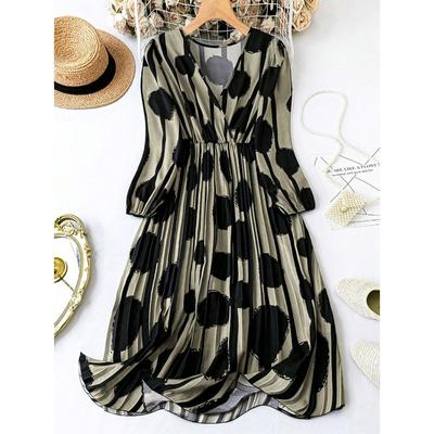 Módní Elegantní Vintage Šaty s Lucernovými Rukávy Ležérní Šaty Dámské V-výstřih Volné Vysoký Pas Sexy Šaty Žena Puntíkované Party Klub A-line Dámské Šaty 25191