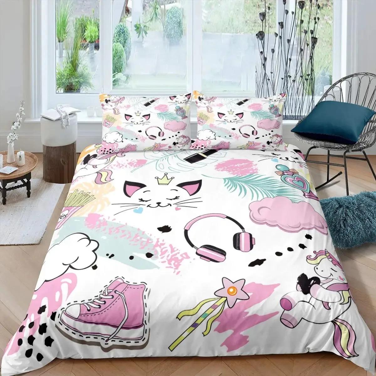 

Unicorn Cat Duvet Cover Set Queen,Rainbow Unicorn Bedding Set,Girls Cartoon Magical Animal Sweet Icecream Comforter Cover 70x133cm