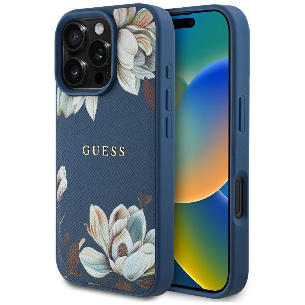 Etui Guess Grained Printed Flower        Pattern Magsafe Do Iphone 16 Pro Max Niebieski