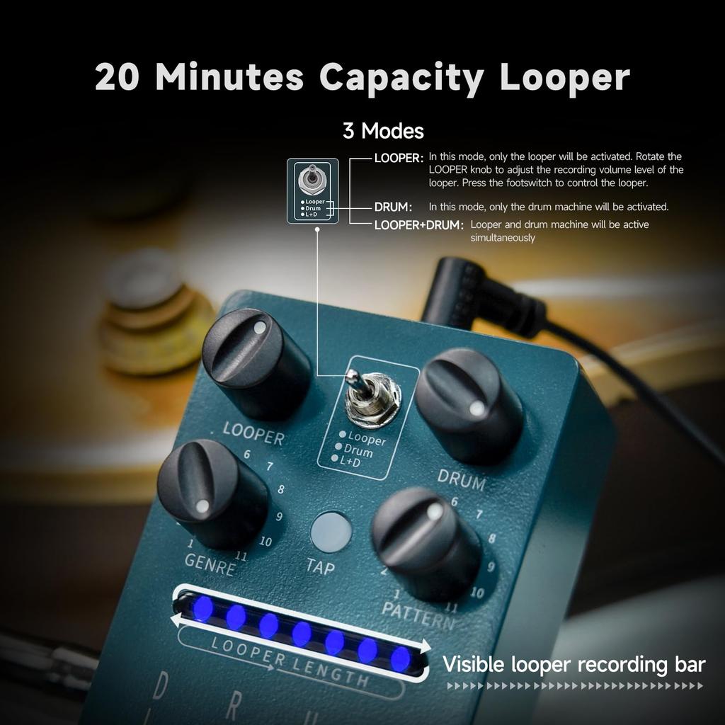 FLAMMA FS01 Drum Machine and Phrase Loop Pedal with Mix Looper 121 Rhythms Mode, 20-Minute Capacity,