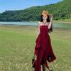 Vacation Retro Red Dress Women's Cold Feeling Multi-level Irregular Tube Top Birthday Dress