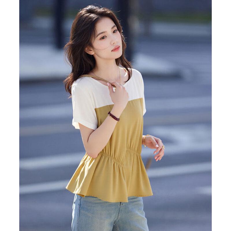 Women s Summer Pleated Spliced Short Sleeve Blouse S
