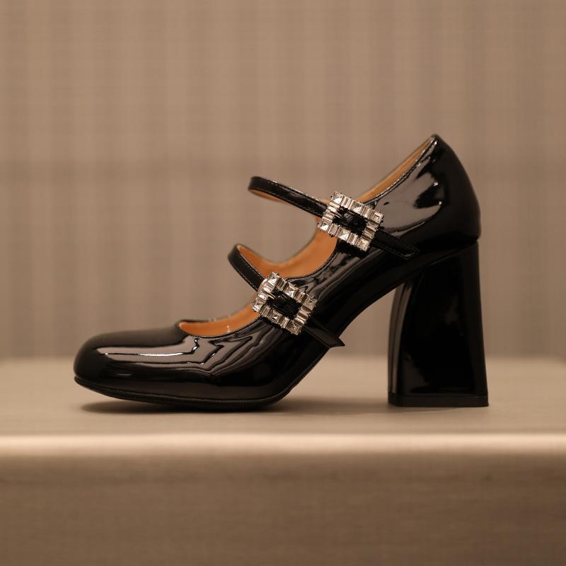 French temperament rhinestone thick heel Mary Jane shoes silver high heels light mouth square head button with skirt single shoes women
