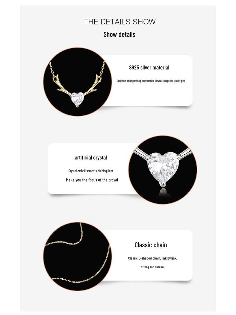 925 Silver Antler Clavicle Necklace for Women - Trendy Little Deer Pendant, Simple Christmas Gift