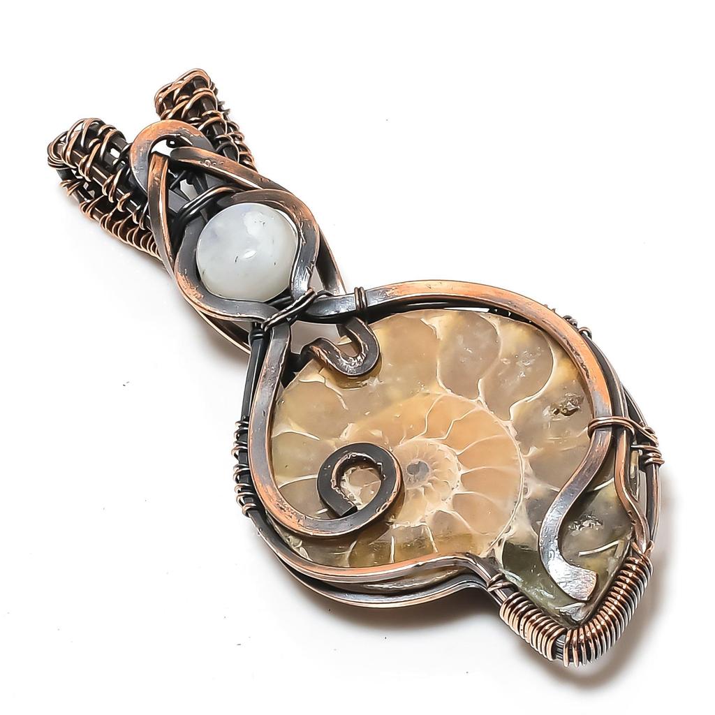 Ammonite Fossil 999 Copper Wire Wrapped Pendant, Handmade Gemstone Jewelry Pendant For Memorial Day