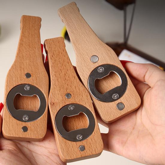Yousheng Wooden Bottle Opener Refrigerator Magnet Manual Beer Bottle Opening Tool Fridge Magnet Home Office Kitchen Locker Decoration