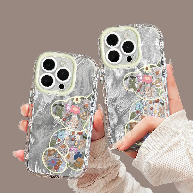 Cartoon Floral Bear Suitable for Apple 16promax Mobile Phone Case Iphone15plus Feather Cream 14 13