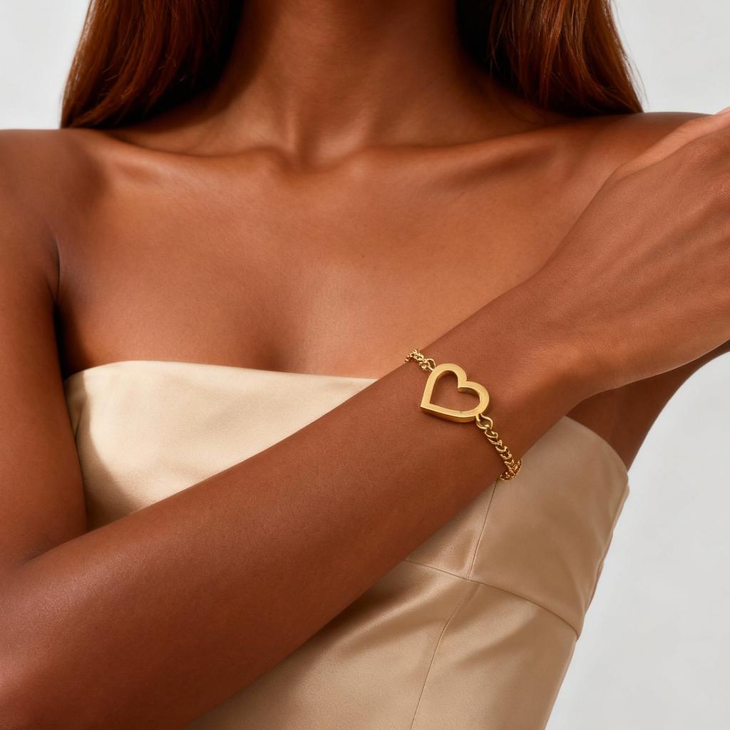 Open Heart Bracelet for Women, 18K Gold Plated Stainless Steel Thin Chain Bangle, Delicate Adjustable Heart Charm Jewelry