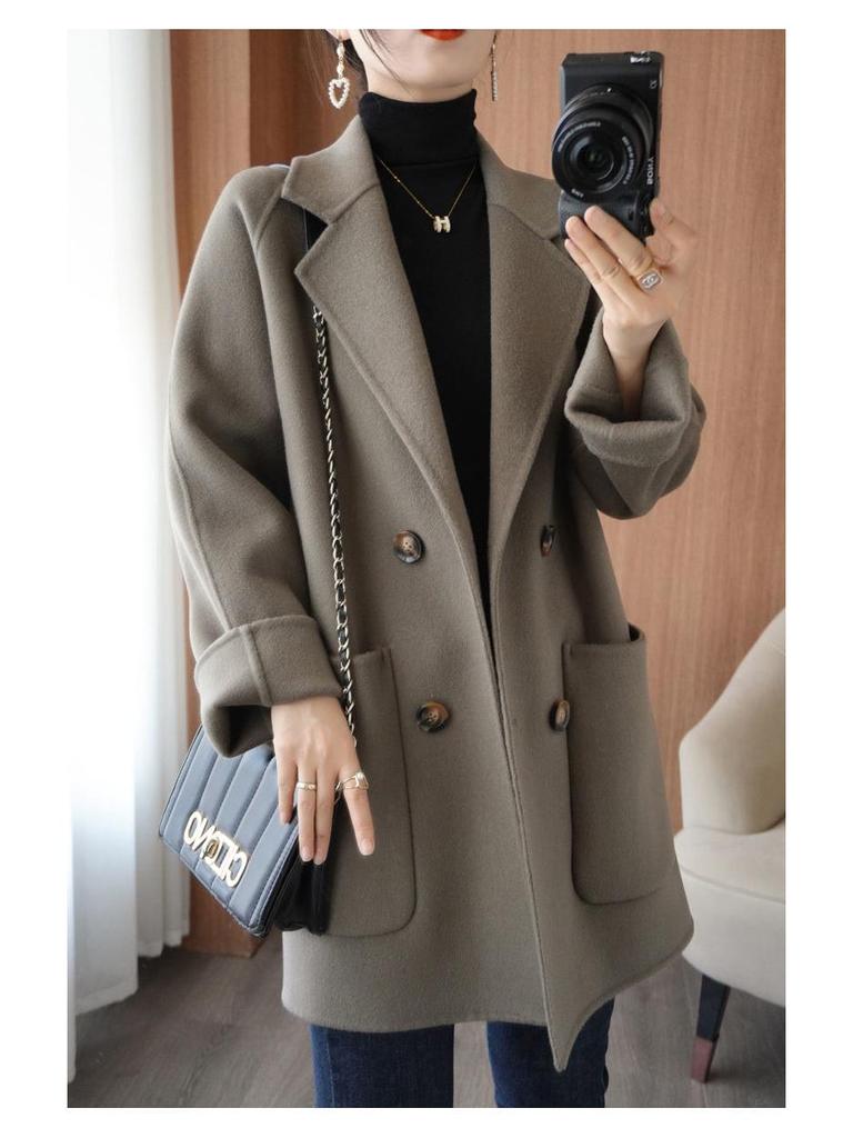 Luksusowy damski dwustronny wełniany płaszcz średniej długości z chenille - Duży rozmiar