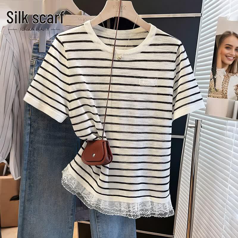 Women s Striped Lace Patchwork Knit T-Shirt One Size