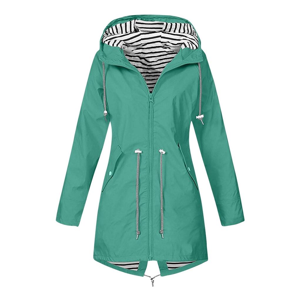 Damen Solid Stripe Regenjacke Outdoor Plus Wasserdichter Regenmantel mit Kapuze und winddicht