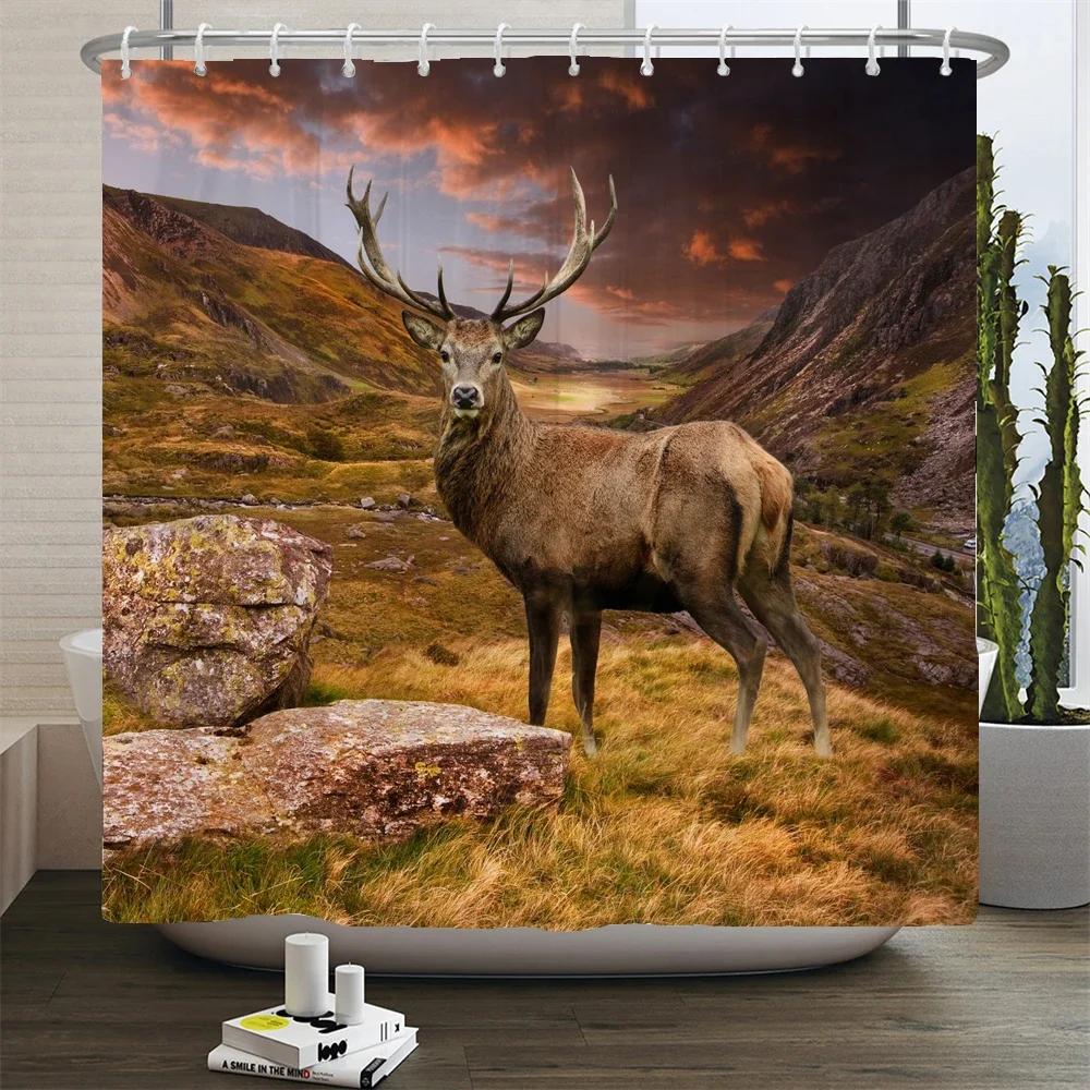 

Deer Bathroom Shower Curtain Elk Highland Cow Peacock Forest Mountain Animal Polyester Hanging Curtains Home Bathroom Decor Set W60H190(CM)-1 Pcs