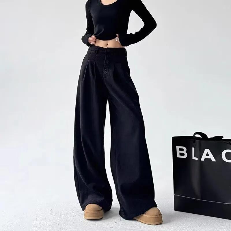 Amerikanische Retro-High-Waist-Einknopf-Hose Damenbekleidung Weiter Bein Modisch Falten Locker Basic Gerade Freizeit Hose
