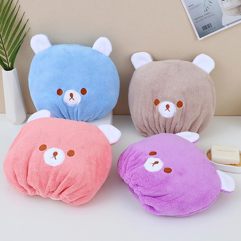 Children's Quick-Dry Cute Bear Hair Towel Cap - Elastic Coral Fleece Bath Head Wrap
