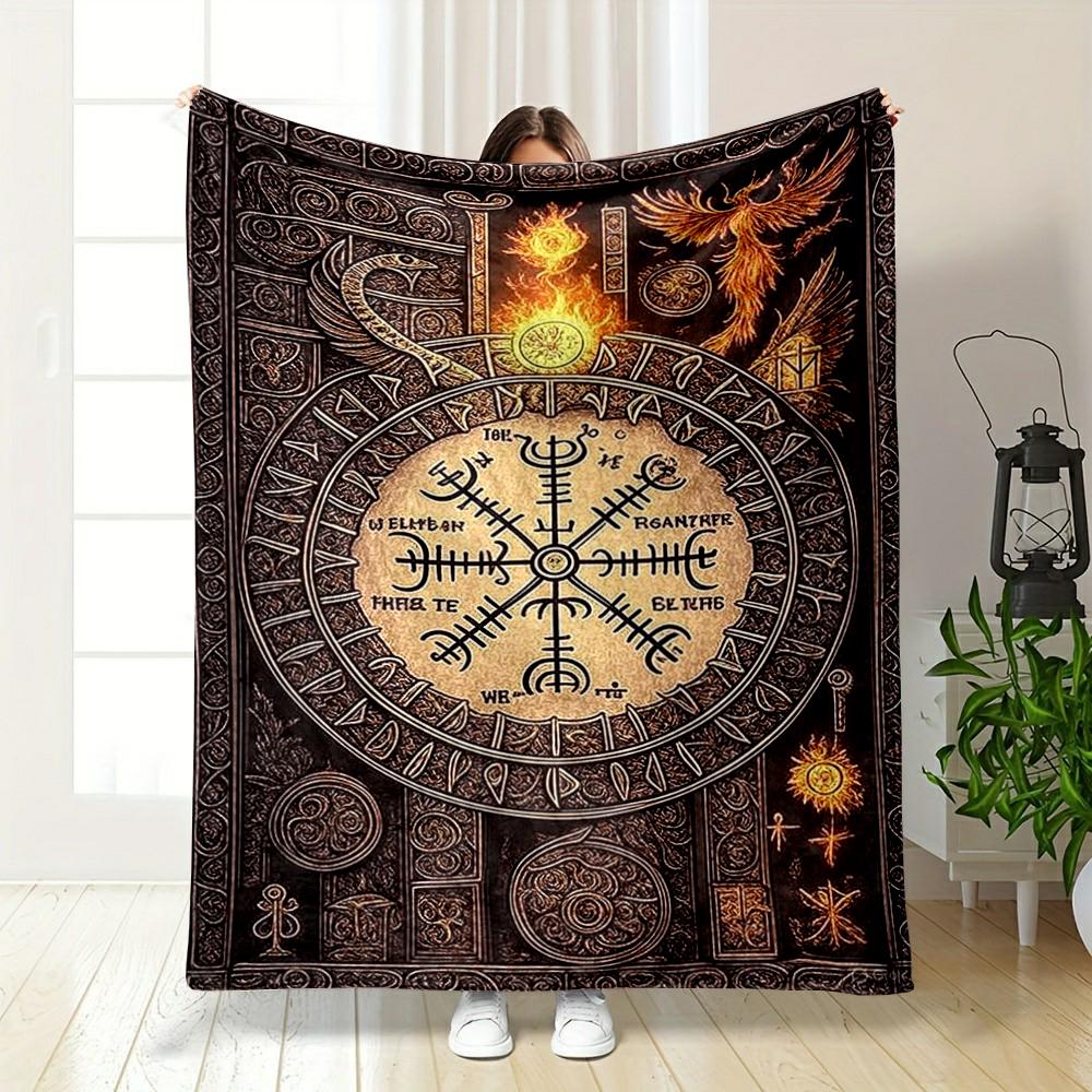 Mystic Nordic Runes with Phoenix Design printed Flannel blanket for bedroom, living room, sofa, and nap