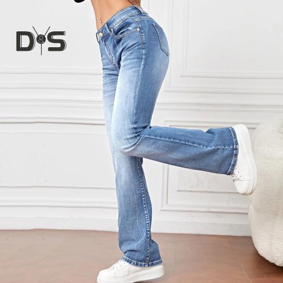 Damjeans Hög midja Utsvängd fåll Knäppning med dragkedja Gradientfärg Lös passform Flera fickor Streetwearbyxor Vardagskläder Långbyxor