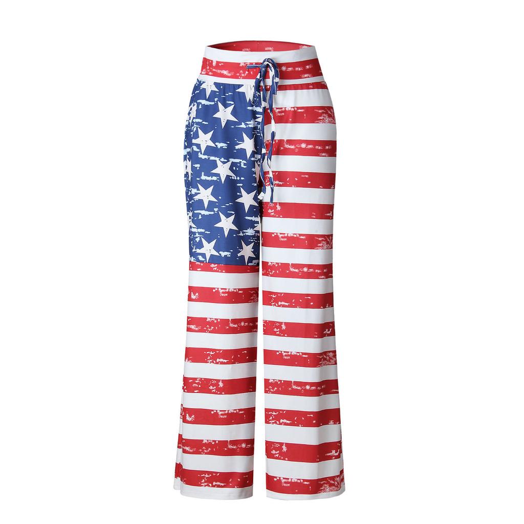 Womens High Waist Casual American Flag Print Drawstring Loose Wide Leg Pants For Summer