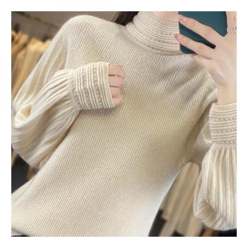 Navava Women Vintage Rib Puff Half Polo Long Sleeve Knit Nk1941