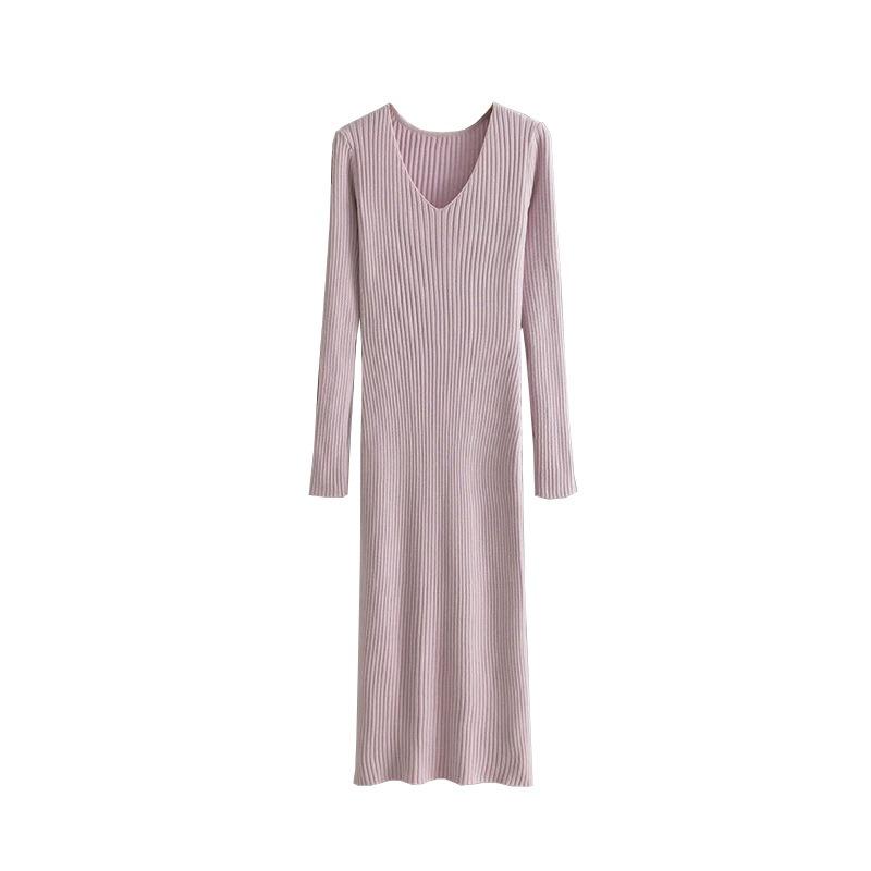 Autumn and winter v-neck knitted dress women's outerwear straight tube thin long-sleeved pit strip split bottom knee sweater skirt
