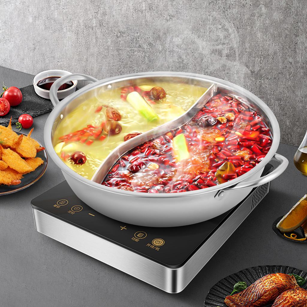2-in-1 Stainless Steel Hot Pot with Divider & Glass Lid, 28cm Multipurpose Shabu Shabu Pot, Kitchen Cooking Pot for Ramen, Soup