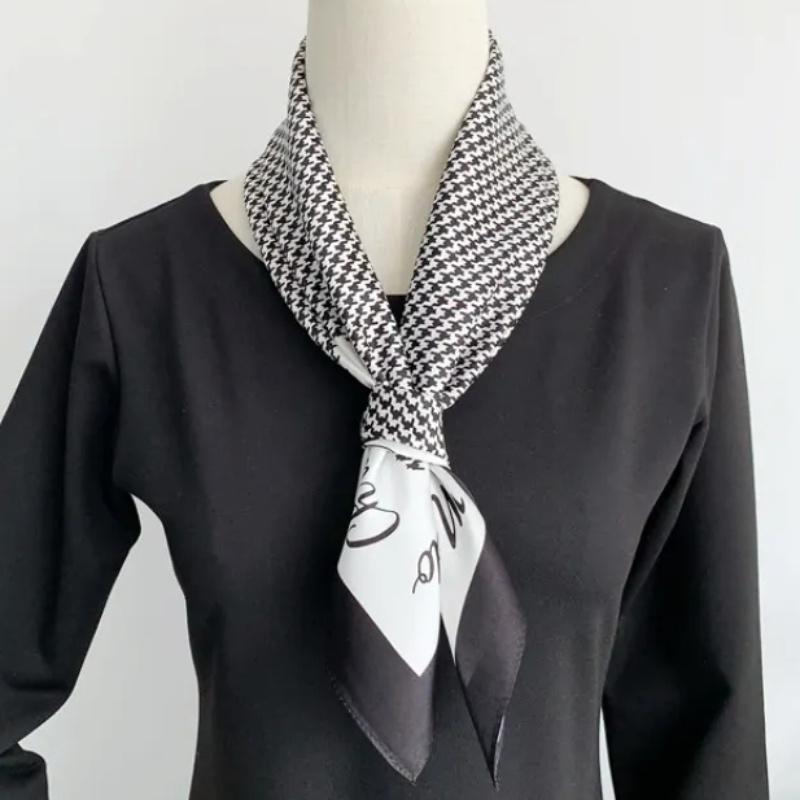 26.77" Black White Houndstooth Letter Square Scarf Thin Satin Shawl Elegant Style Sunscreen Headscarf For Women