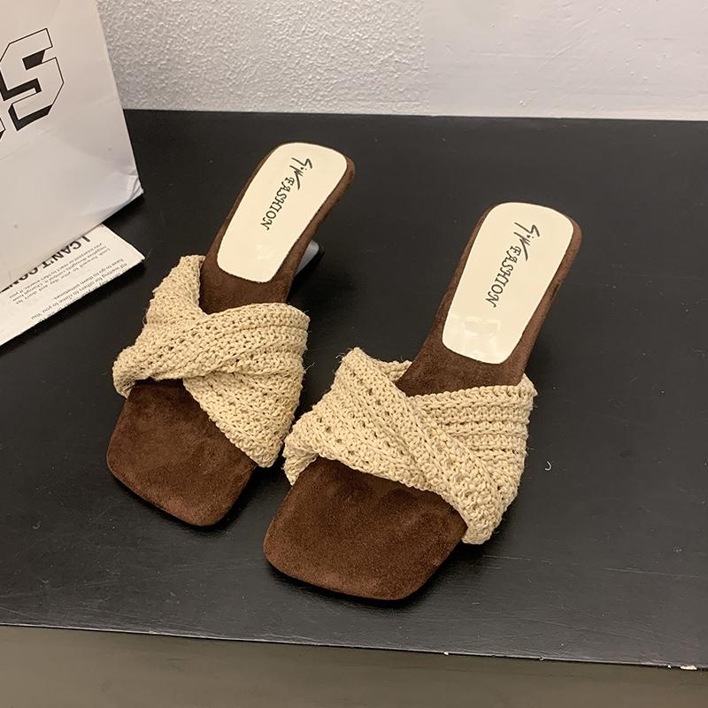 Fashion Weave Mid Heels Women Slippers New Fashion Casual Wedges Shoes 2025 Summer Elegant Sandals Cozy Pumps Dress Sandalias De Mujer