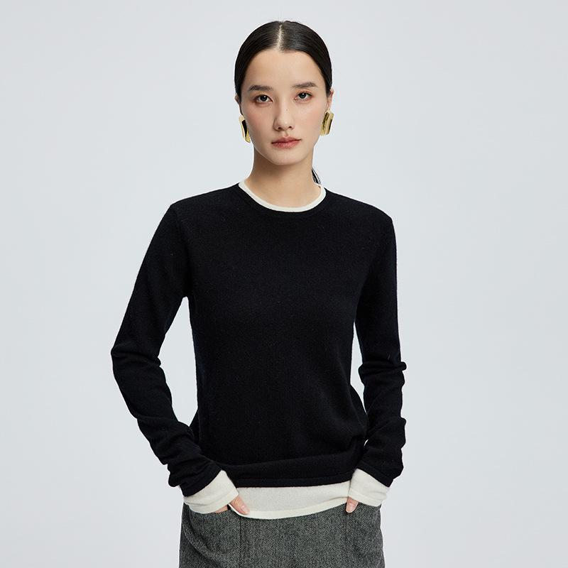 Women's Cashmere Knitwear Round Neck Two-Piece Color Block Slimming Pullover Sweater